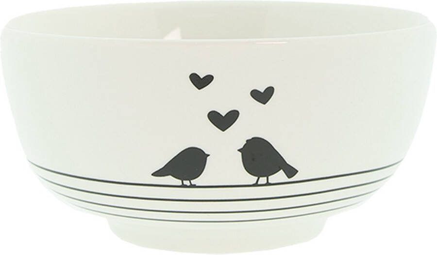 Clayre & Eef Soepkom 500 ml Wit Zwart Porselein Harten Vogels Serveerkom