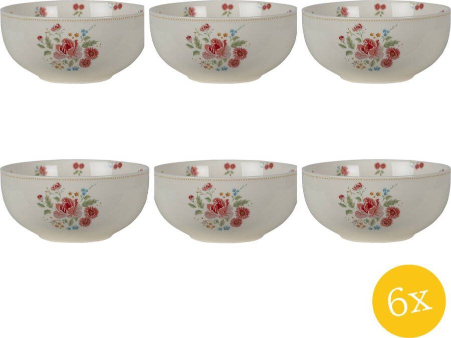 Clayre & Eef Soepkom set van 6 stuks Ø 14 cm Beige Roze Keramiek Rond Rozen Serveerkom