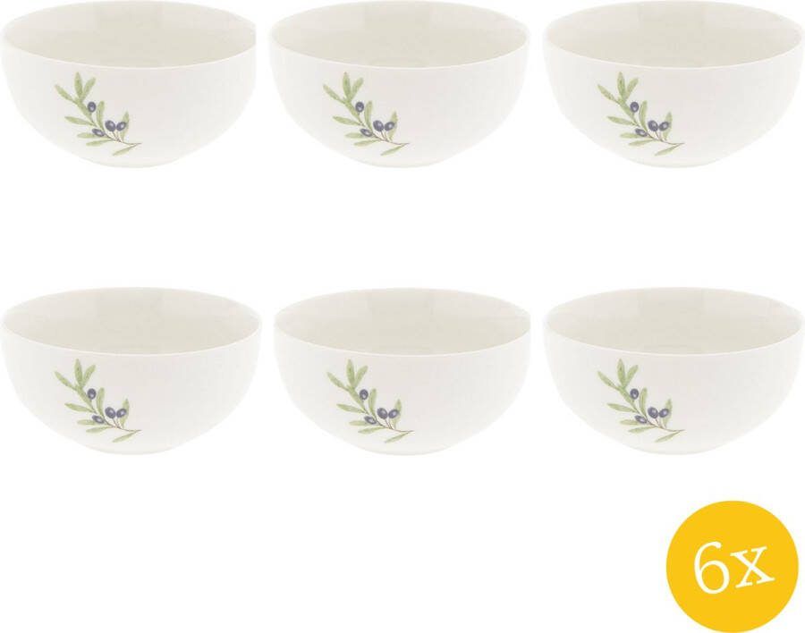 Clayre & Eef Soepkom set van 6 stuks Ø 14x6 cm Beige Blauw Keramiek Rond Olijftak Serveerkom