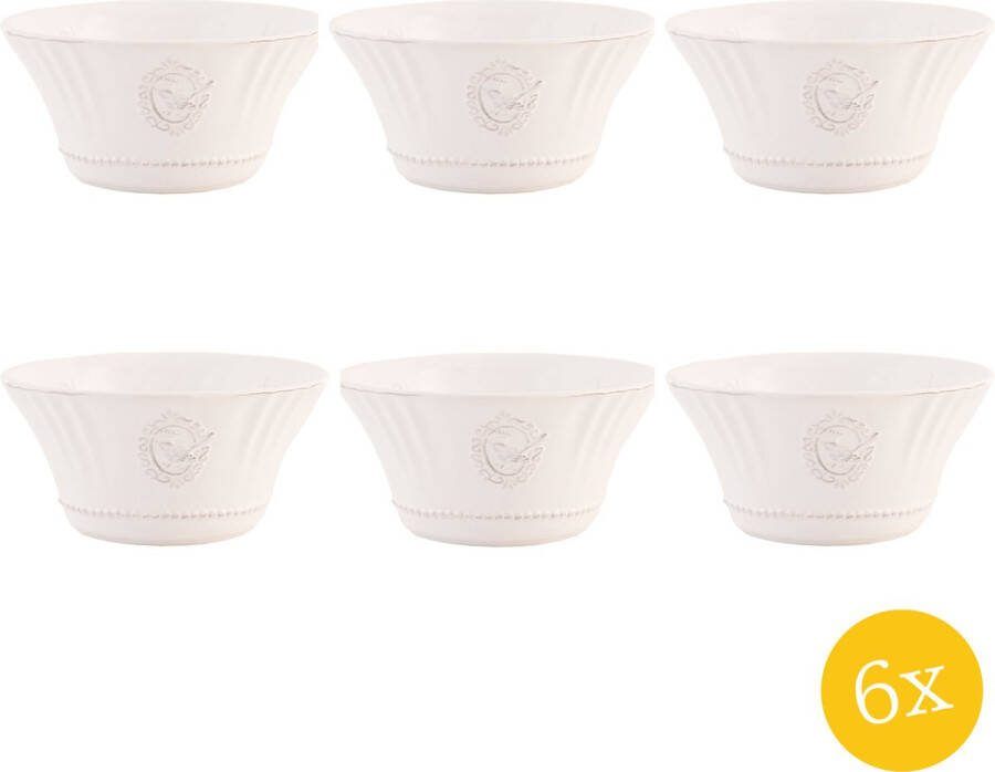 Clayre & Eef Soepkom set van 6 stuks Ø 14x7 cm Wit Keramiek Rond Vogel Serveerkom