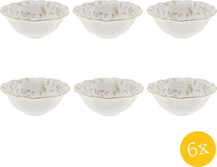 Clayre & Eef Soepkom set van 6 stuks Ø 15 cm Wit Roze Porselein Rond Bloemen Serveerkom