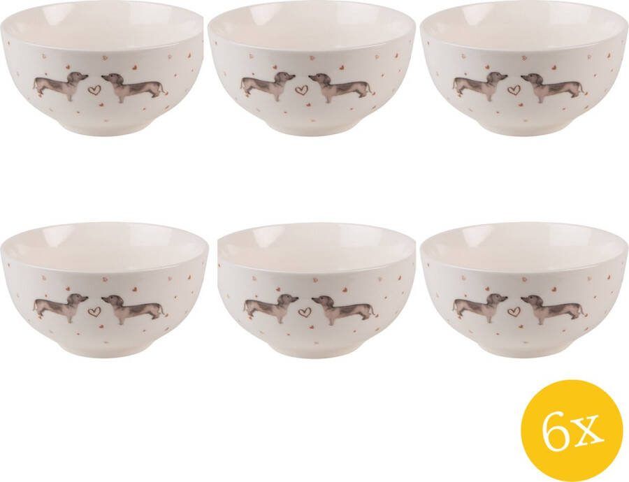 Clayre & Eef Soepkom set van 6 stuks 500 ml Beige Bruin Porselein Teckels Serveerkom