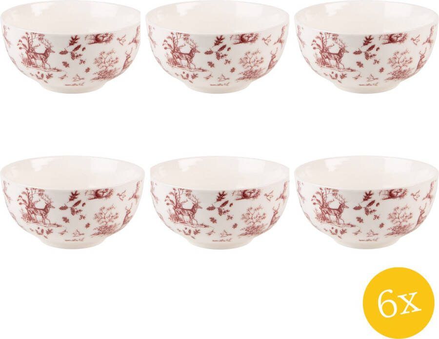 Clayre & Eef Soepkom set van 6 stuks 500 ml Beige Rood Porselein Rendieren en bomen Serveerkom