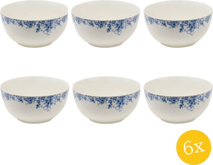 Clayre & Eef Soepkom set van 6 stuks 500 ml Blauw Porselein Rond Bloemen Serveerkom