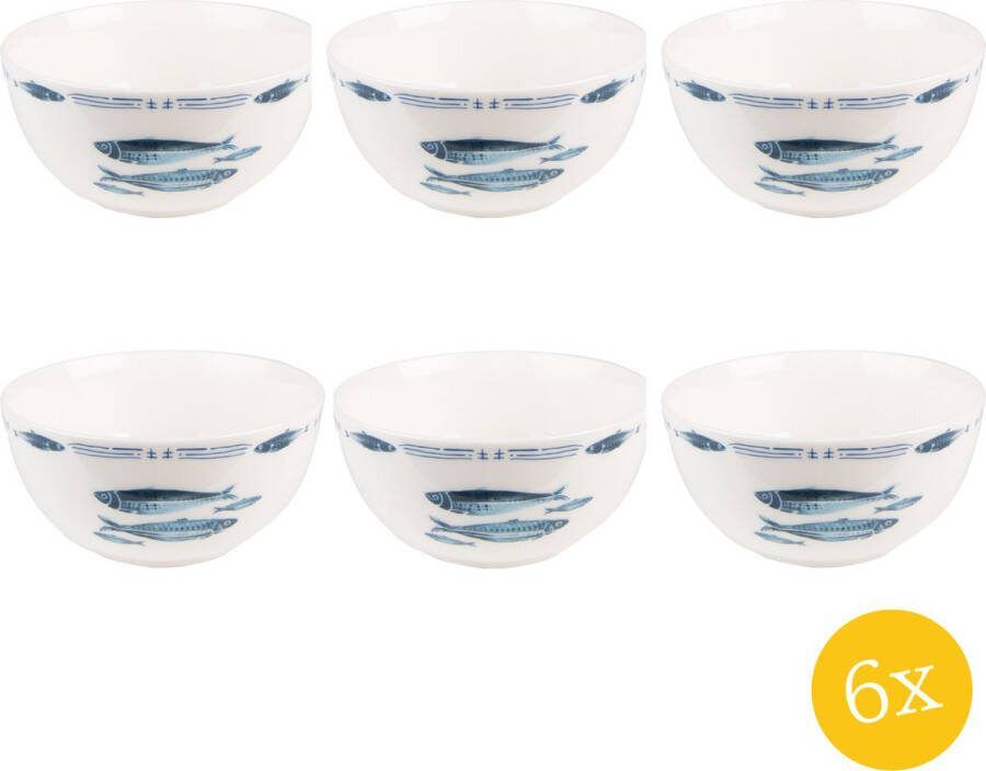 Clayre & Eef Soepkom set van 6 stuks 500 ml Wit Blauw Porselein Vissen Serveerkom