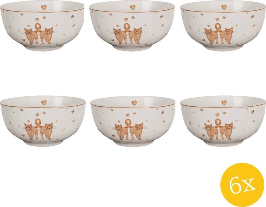 Clayre & Eef Soepkom set van 6 stuks 500 ml Wit Bruin Porselein Katten Serveerkom
