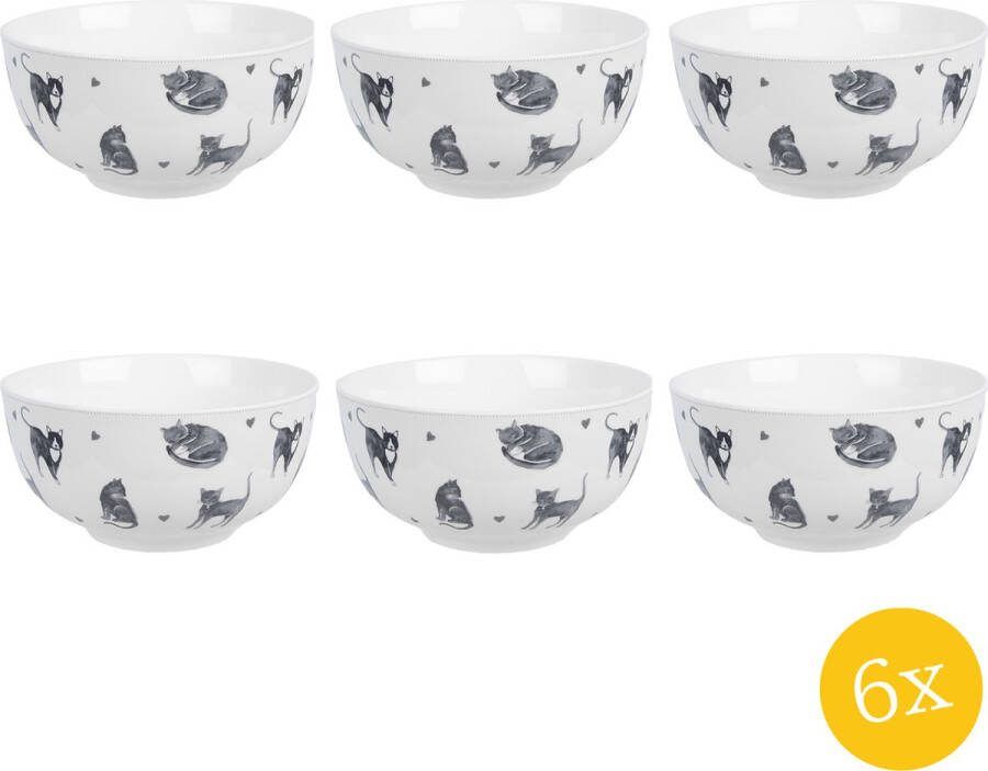 Clayre & Eef Soepkom set van 6 stuks 500 ml Wit Keramiek Katten Serveerkom