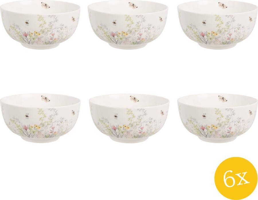 Clayre & Eef Soepkom set van 6 stuks 500 ml Wit Porselein Bloemen Serveerkom