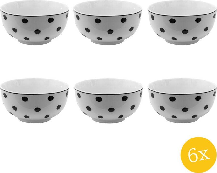 Clayre & Eef Soepkom set van 6 stuks 500 ml Wit Zwart Porselein Stippen Serveerkom