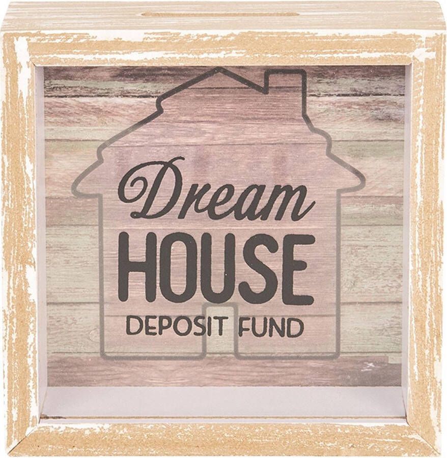 Clayre & Eef Spaarpot 15x5x15 cm Bruin Hout Vierkant Dream House Leuke Spaarpot