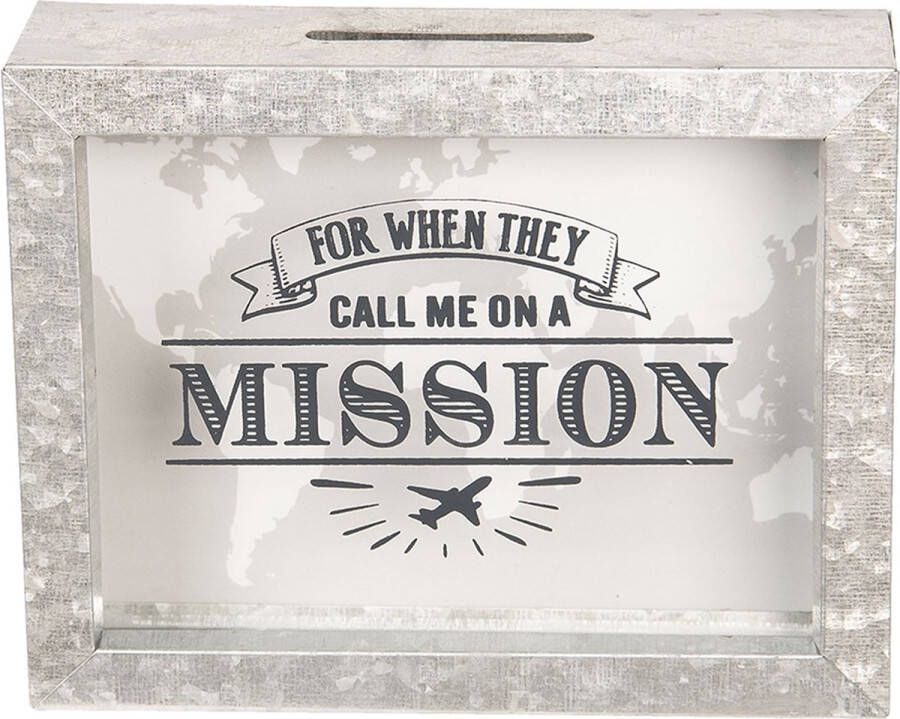 Clayre & Eef Spaarpot 18x5x14 cm Grijs Metaal Glas Rechthoek Mission Leuke Spaarpot