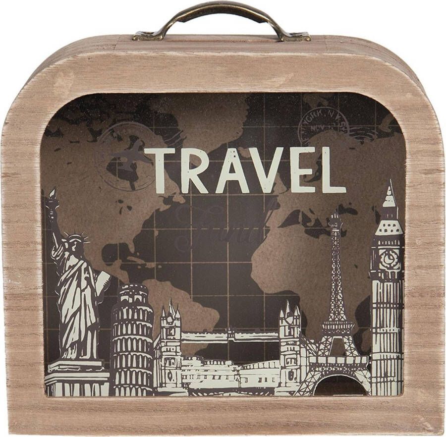 Clayre & Eef Spaarpot 18x7x16 cm Bruin Hout Glas Rechthoek Travel Leuke Spaarpot Bruin Leuke Spaarpot