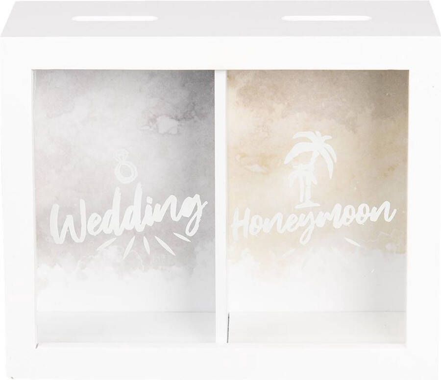 Clayre & Eef Spaarpot 20*7*16 cm Wit Hout Rechthoek Wedding Honeymoon Leuke Spaarpot Spaarvarken