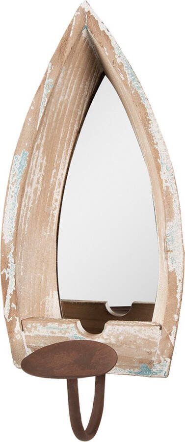 Clayre & Eef Spiegel 15x17x36 cm Beige Hout Glas Kandelaar Beige Kandelaar