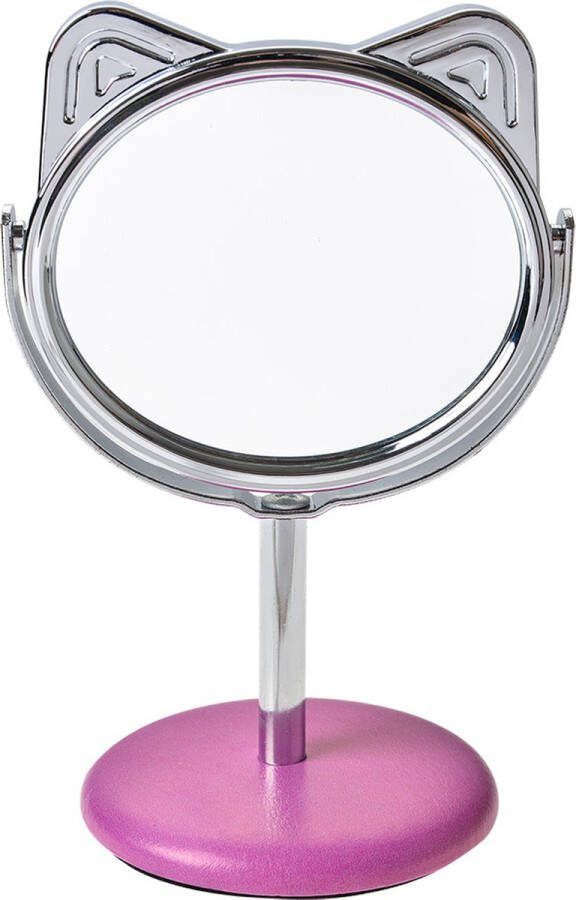 Clayre & Eef Spiegel Kat Ø 9x14 cm Beige Roze Metaal Glas Rond Make-Up Spiegel Beige Make-Up Spiegel