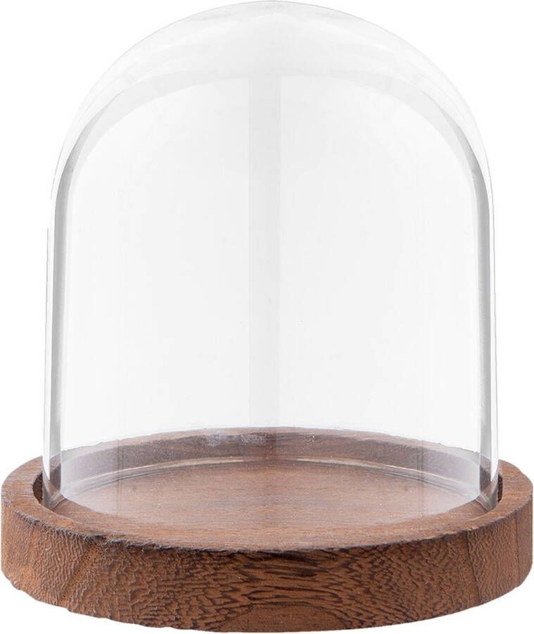 Clayre & Eef Stolp Ø 12*16 cm Transparant Hout Glas Rond Glazen Stolp op Voet