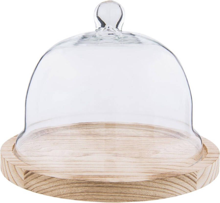 Clayre & Eef Stolp Ø 23*17 cm Transparant Hout glas Rond Glazen Stolp op Voet Glazen StolpStolp op Voet