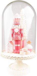 Clayre & Eef Stolp Notenkraker 41 cm Roze Wit Kunststof Glas Glazen stolp Roze Glazen stolp