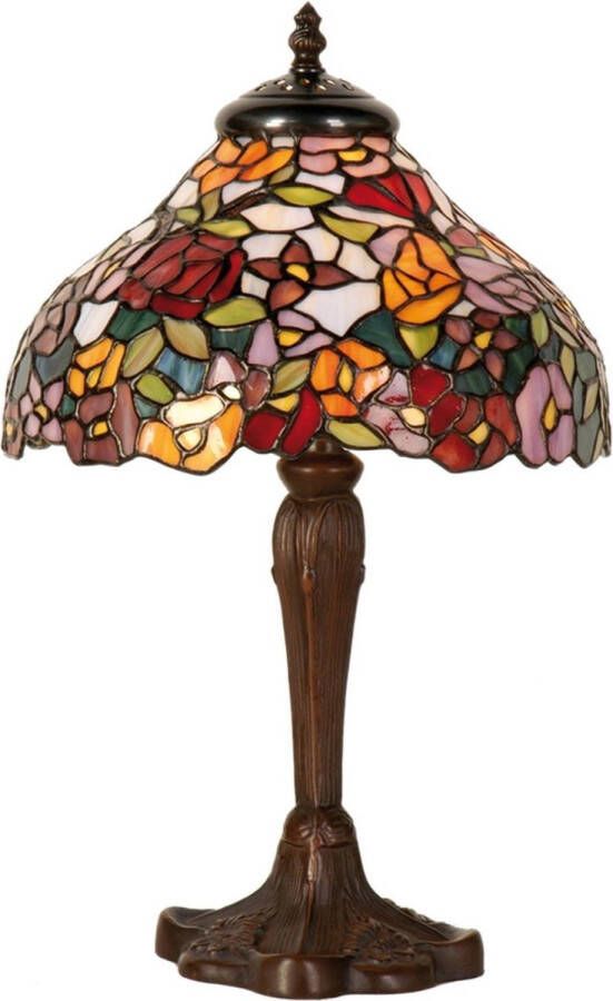 Clayre & Eef tafellamp tiffany bloemen compleet 40 x ø 26 cm bruin rood paars multi colour ijzer glas