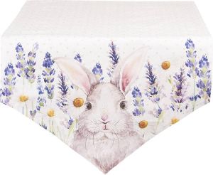 Clayre & Eef Tafelloper 50x160 cm Wit Roze Katoen Rechthoek Lavendel Konijn Tafelkleed Loper Tafeltextiel Wit