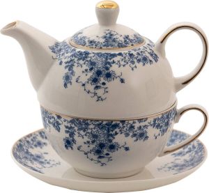 Clayre & Eef Tea for One 400 ml Blauw Porselein Bloemen Theepot set Cadeau voor haar Theepot met Kopje