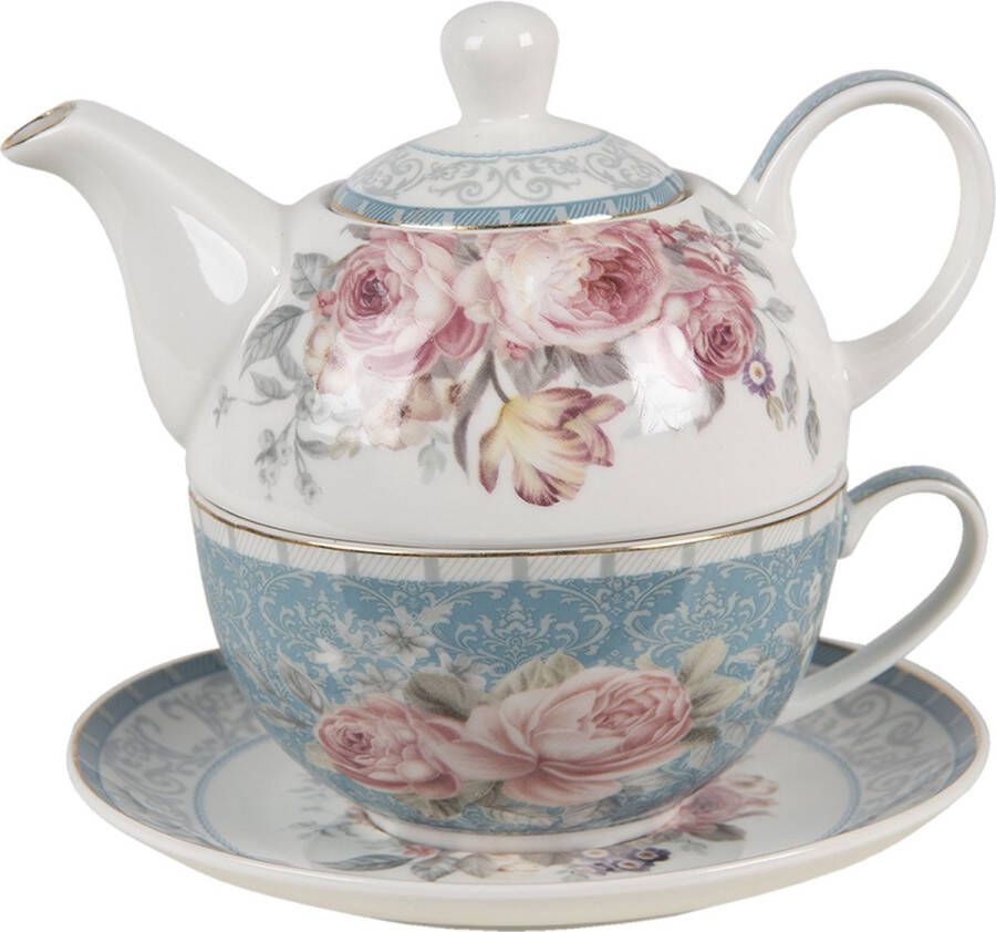 Clayre & Eef Tea for One 400 ml Blauw Wit Porselein Bloemen Theepot set Cadeau voor haar Theepot met Kopje