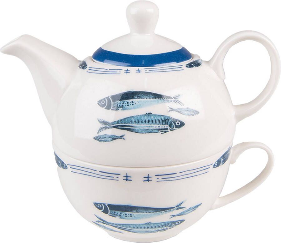 Clayre & Eef Tea for One 400 ml Wit Blauw Porselein Vissen Theepot set Cadeau voor haar Theepot met Kopje