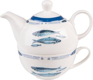 Clayre & Eef Tea For One 400 Ml Wit Blauw Porselein Vissen Theepot Set Cadeau Voor Haar Theepot Met Kopje Wit Theepot