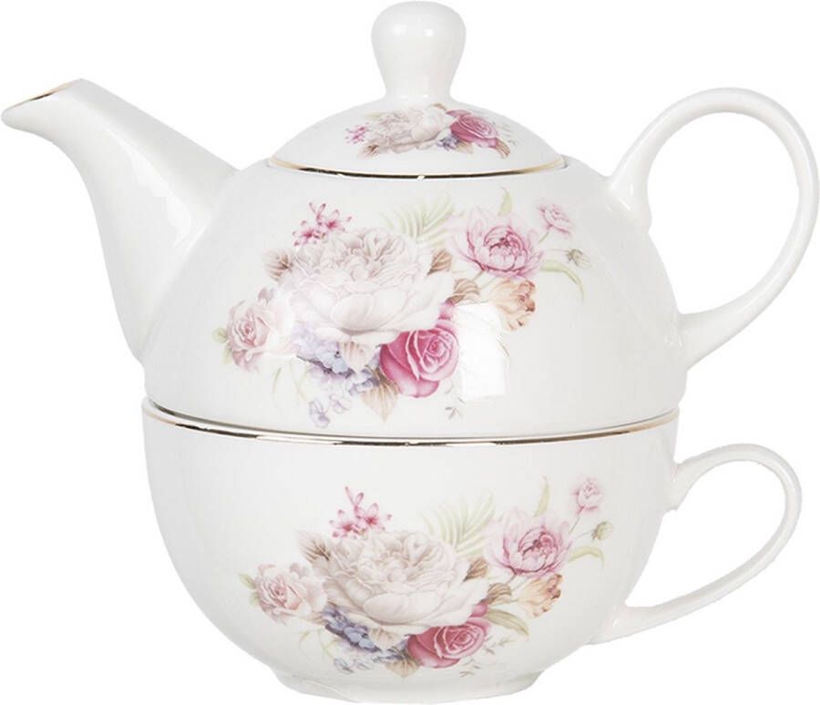 Clayre & Eef Tea for One 400 ml Wit Roze Porselein Rond Bloemen Theepot set Cadeau voor haar Theepot met Kopje