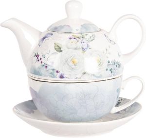 Clayre & Eef Tea for One 460 ml Wit Blauw Porselein Rond Bloemen Theepot set Cadeau voor haar Theepot met Kopje