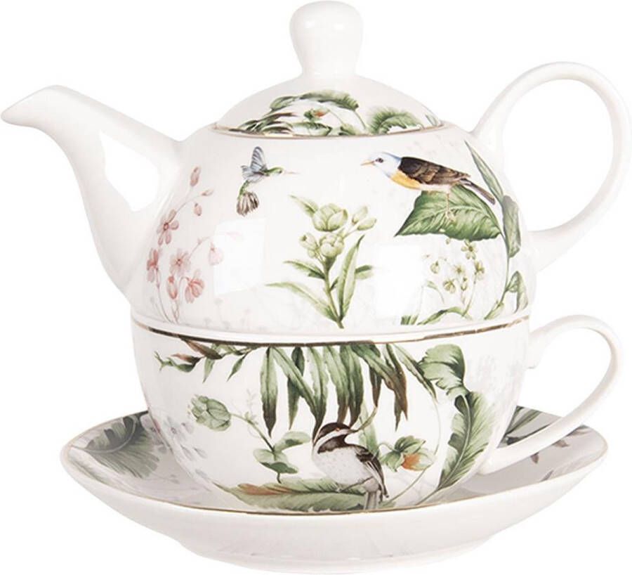 Clayre & Eef Tea for One 460 ml Wit Groen Porselein Vogels Theepot set Cadeau voor haar Theepot met Kopje