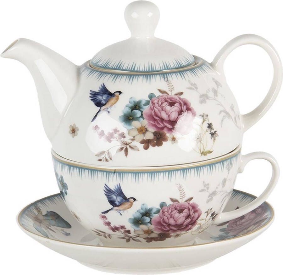 Clayre & Eef Tea for One 460 ml Wit Roze Porselein Rond Bloemen Theepot set