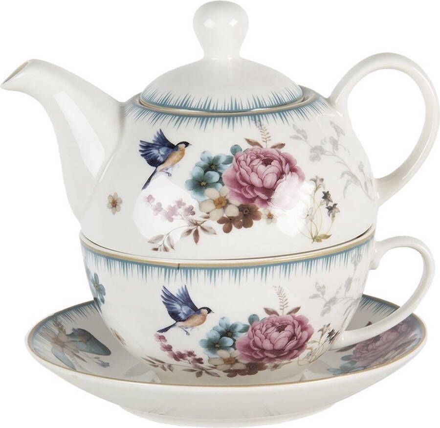 Clayre & Eef Tea for One 460 ml Wit Roze Porselein Rond Bloemen Theepot set Cadeau voor haar Theepot met Kopje