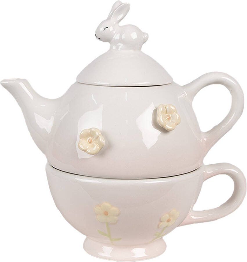 Clayre & Eef Tea for One 500 ml Roze Keramiek Konijn Theepot set