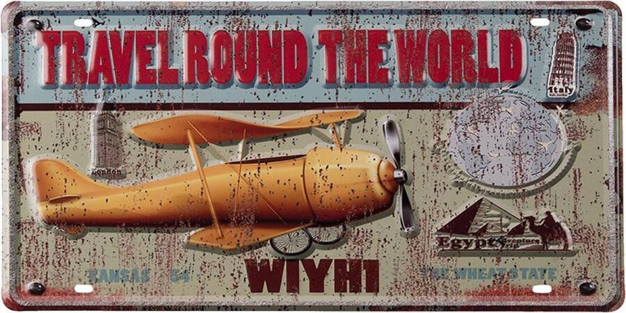 Clayre & Eef Tekstbord 22*42 cm Meerkleurig Ijzer Vliegtuig Travelround The World Wandbord Quote Bord Spreuk WandbordQuote BordSpreuk