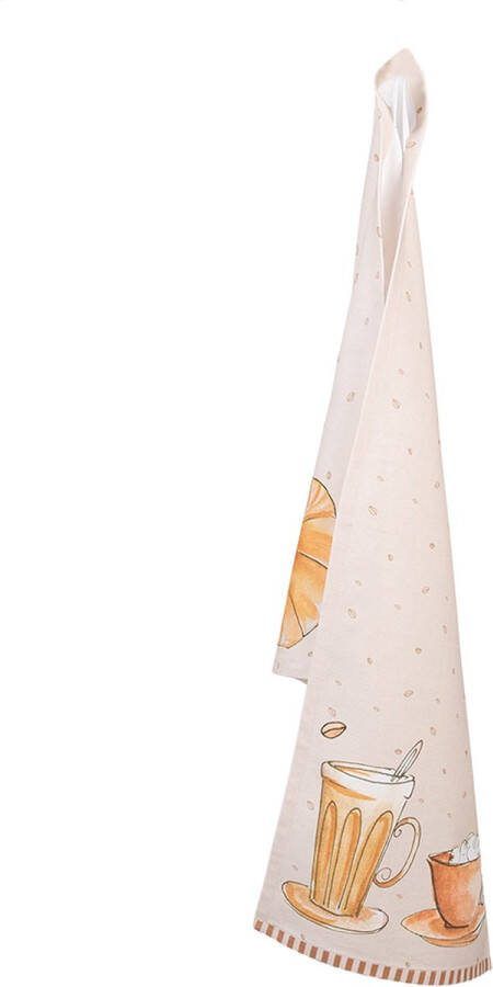 Clayre & Eef Theedoek 50x70 cm Beige Katoen Rechthoek Croissant en koffie Keukenhanddoek Beige Keukenhanddoek