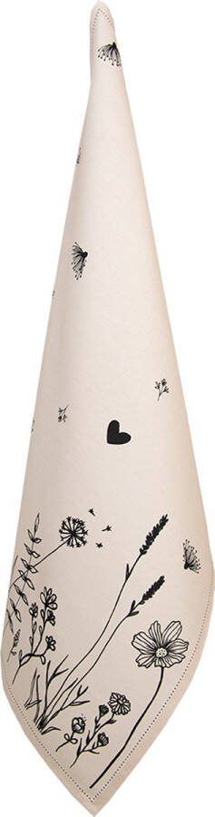 Clayre & Eef Theedoek 50x70 cm Beige Zwart Katoen Bloemen Keukenhanddoek Beige Keukenhanddoek