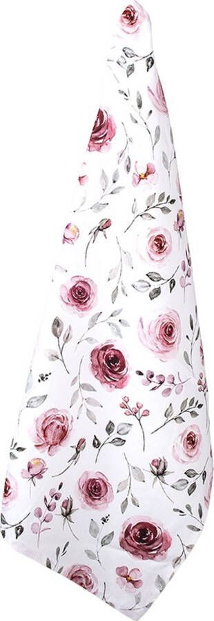 Clayre & Eef Theedoek 50x70 cm Wit Roze Katoen Rechthoek Rozen Vaatdoek