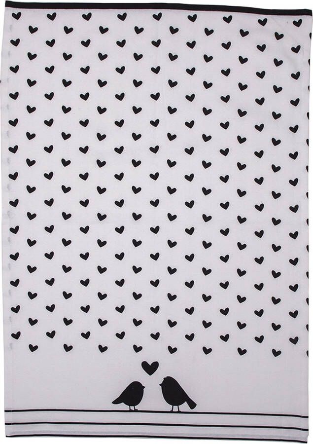 Clayre & Eef Theedoek 50x70 cm Wit Zwart Katoen Harten Vogels Keukenhanddoek