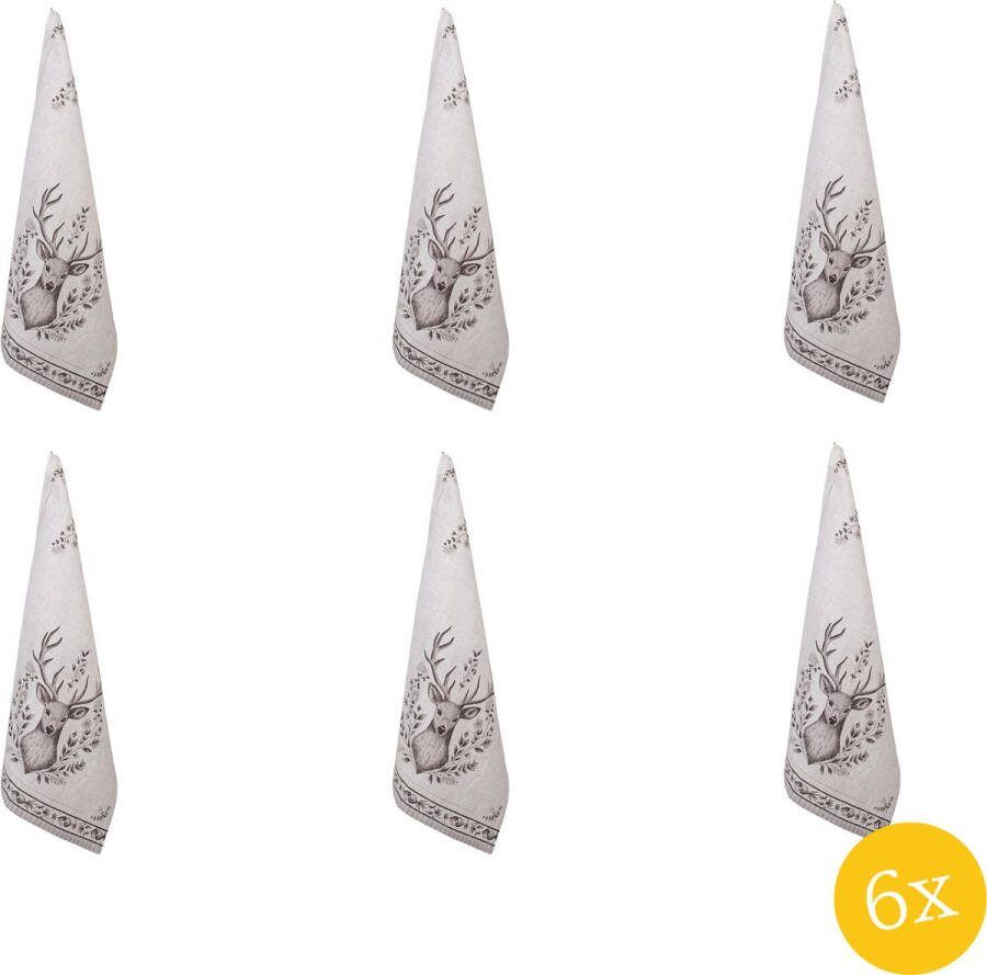 Clayre & Eef Theedoek 50x70 set van 6 stuks 50x70 cm Beige Katoen Hert Keukenhanddoek