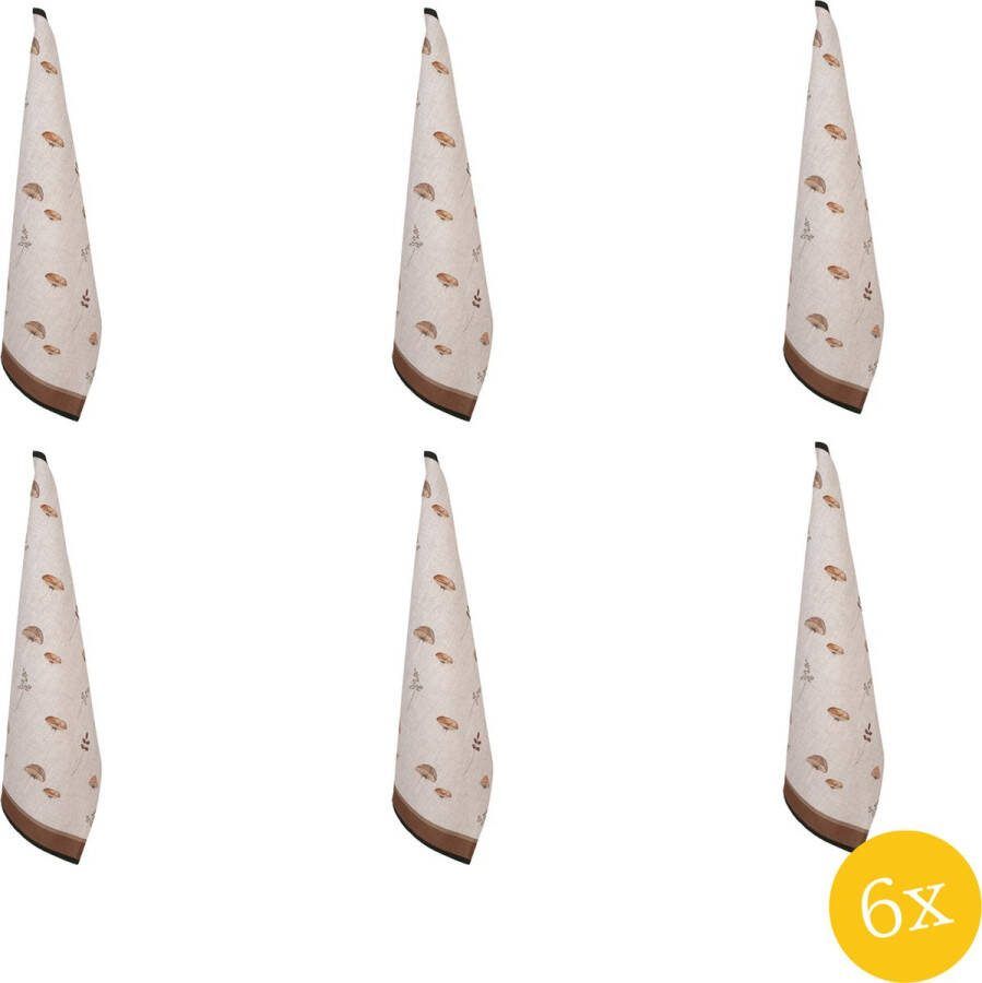 Clayre & Eef Theedoek 50x70 set van 6 stuks 50x70 cm Beige Katoen Paddenstoelen Keukenhanddoek