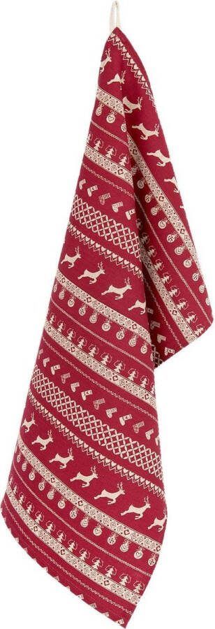 Clayre & Eef Theedoek 50x85 cm Rood Beige Katoen Rechthoek Kerst Vaatdoek