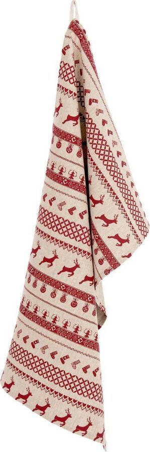 Clayre & Eef Theedoek 50x85 cm Rood Beige Katoen Rechthoek Kerst Vaatdoek