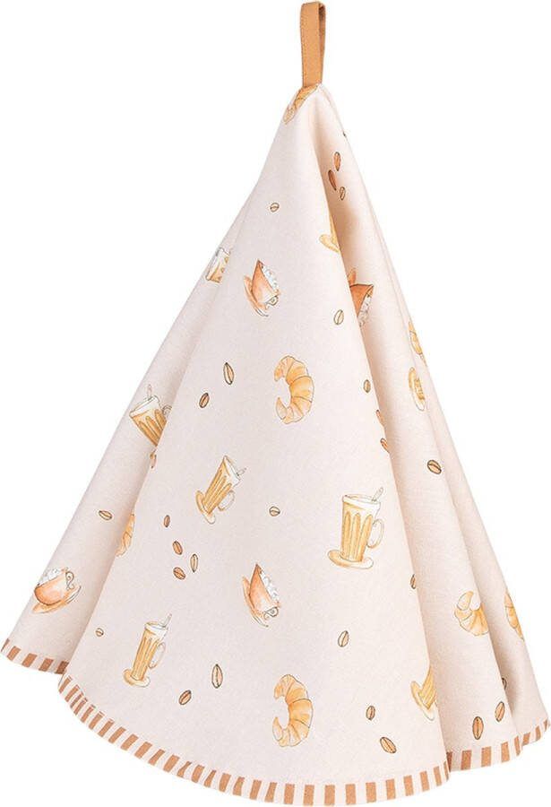 Clayre & Eef Theedoek Ø 80 cm Beige Katoen Rond Croissant en koffie Vaatdoek Beige Vaatdoek