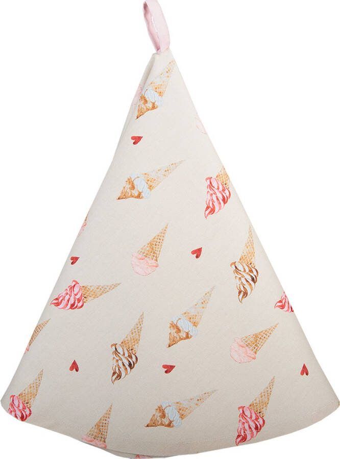 Clayre & Eef Theedoek Ø 80 cm Beige Roze Katoen Rond Ijsjes Keukenhanddoek Beige Keukenhanddoek