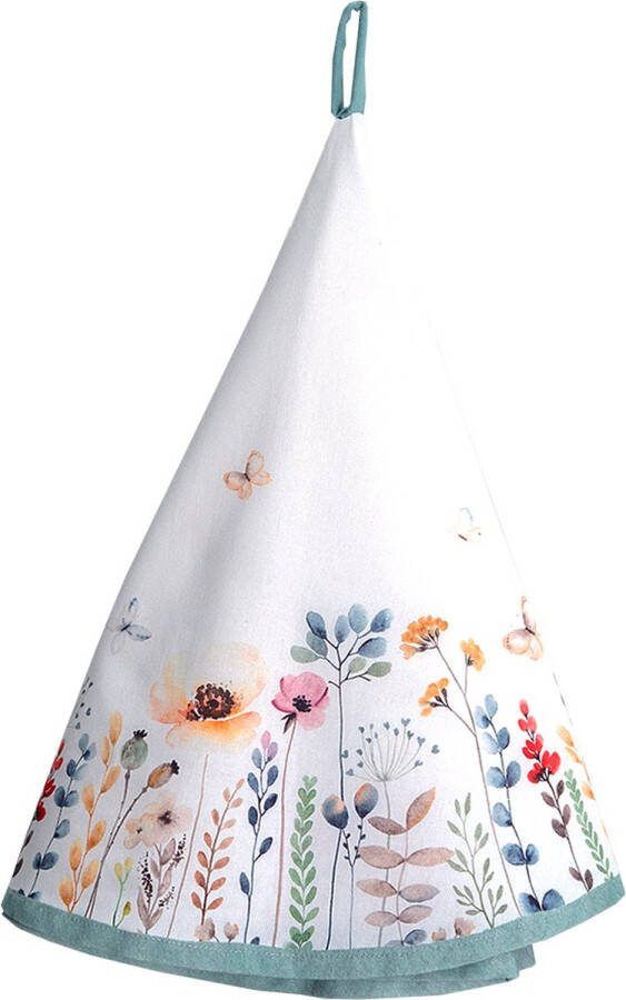 Clayre & Eef Theedoek Ø 80 cm Wit Groen Katoen Rond Bloemen Keukenhanddoek