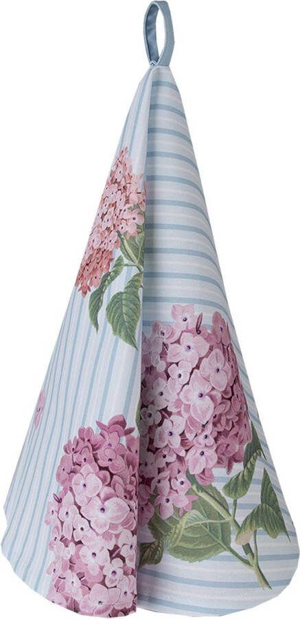 Clayre & Eef Theedoek Ø 80 cm Blauw Roze Katoen Rond Hortensia Blauw