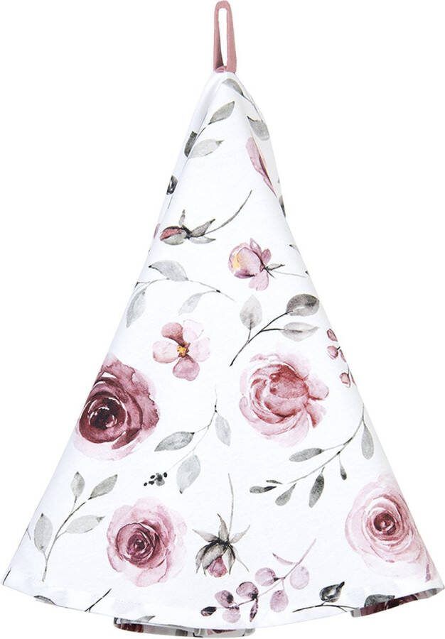 Clayre & Eef Theedoek Ø 80 cm Wit Roze Katoen Rond Rozen Vaatdoek