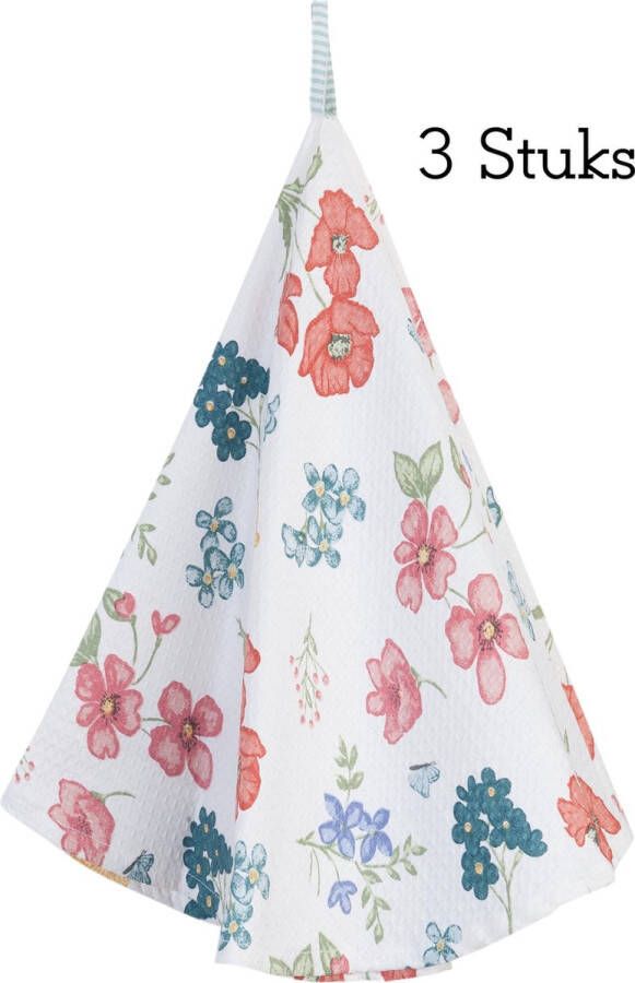 Clayre & Eef Theedoek Keukendoek 100% Katoen Veldbloemen Ø 80 cm 3 stuks