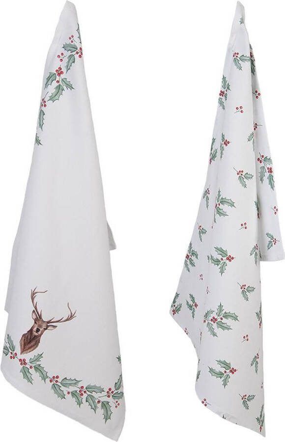 Clayre & Eef Theedoek Set van 2 50x70 cm Groen Rood Katoen Hert Hulstbladeren Vaatdoek